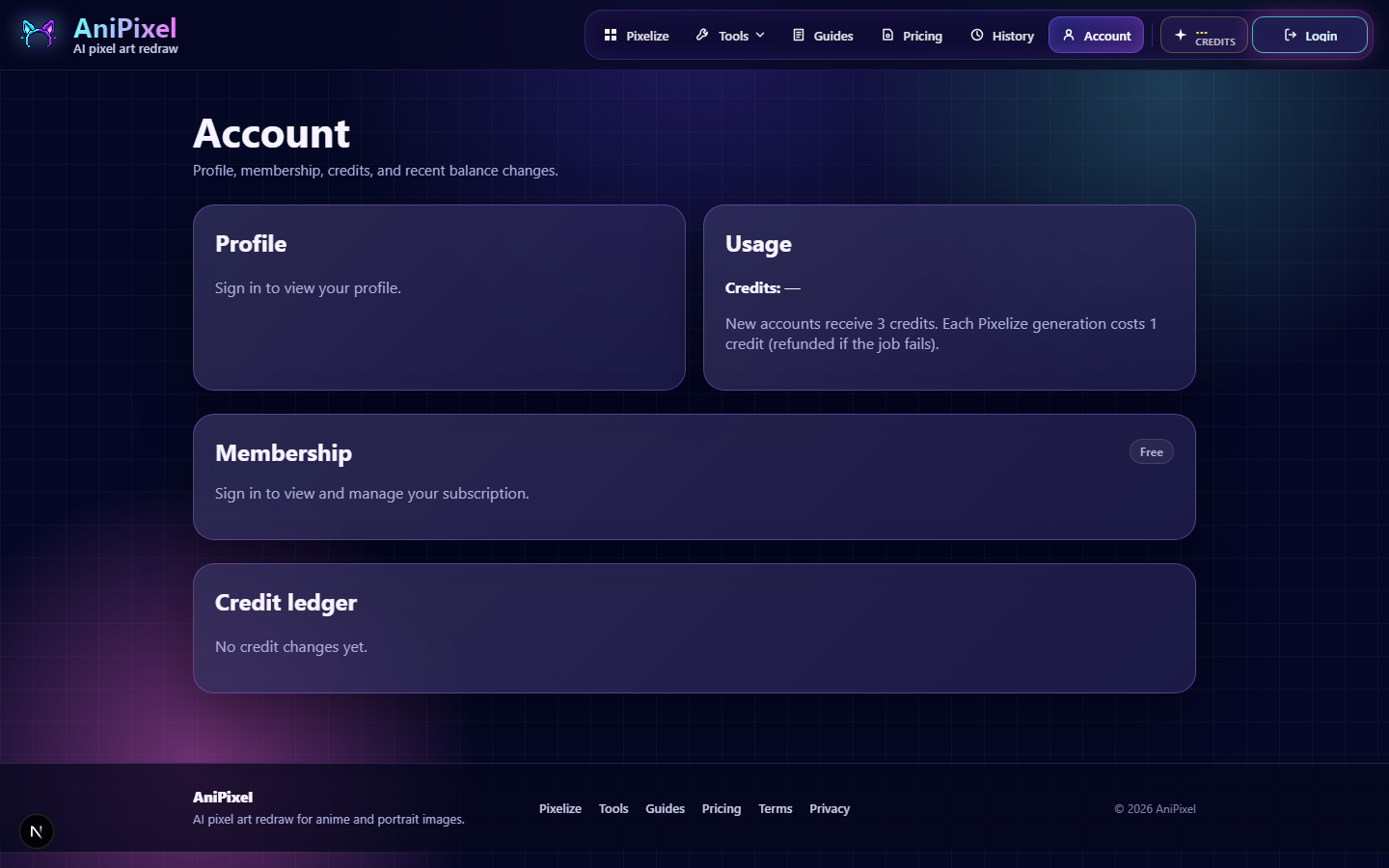 Account view showing usage and balance context