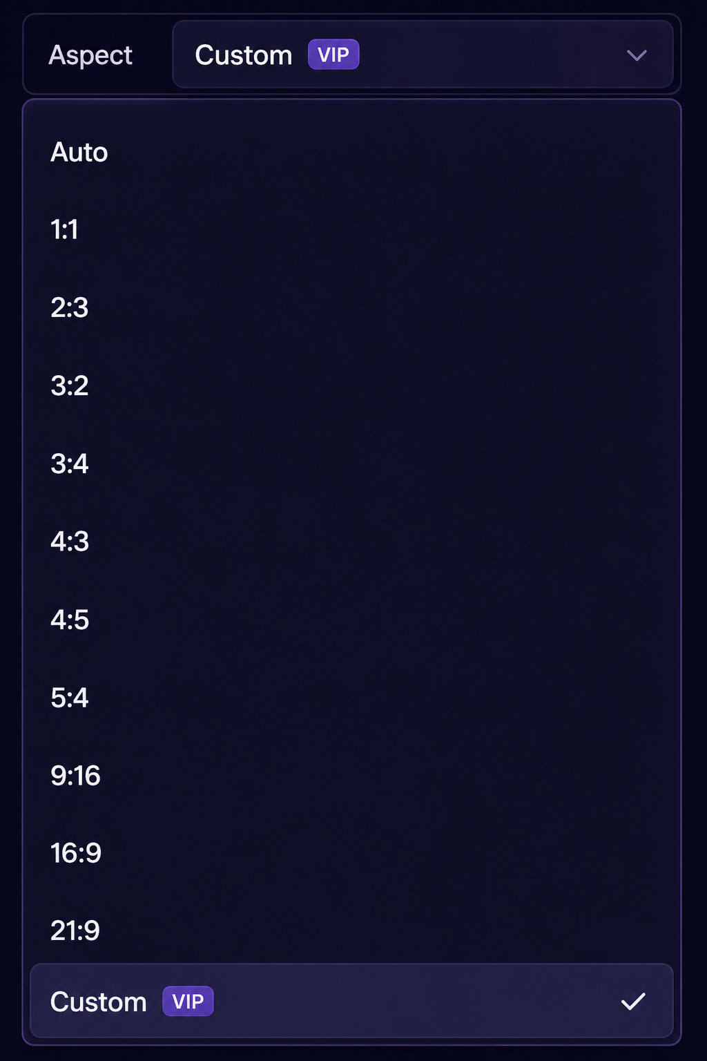 Aspect menu showing Custom VIP