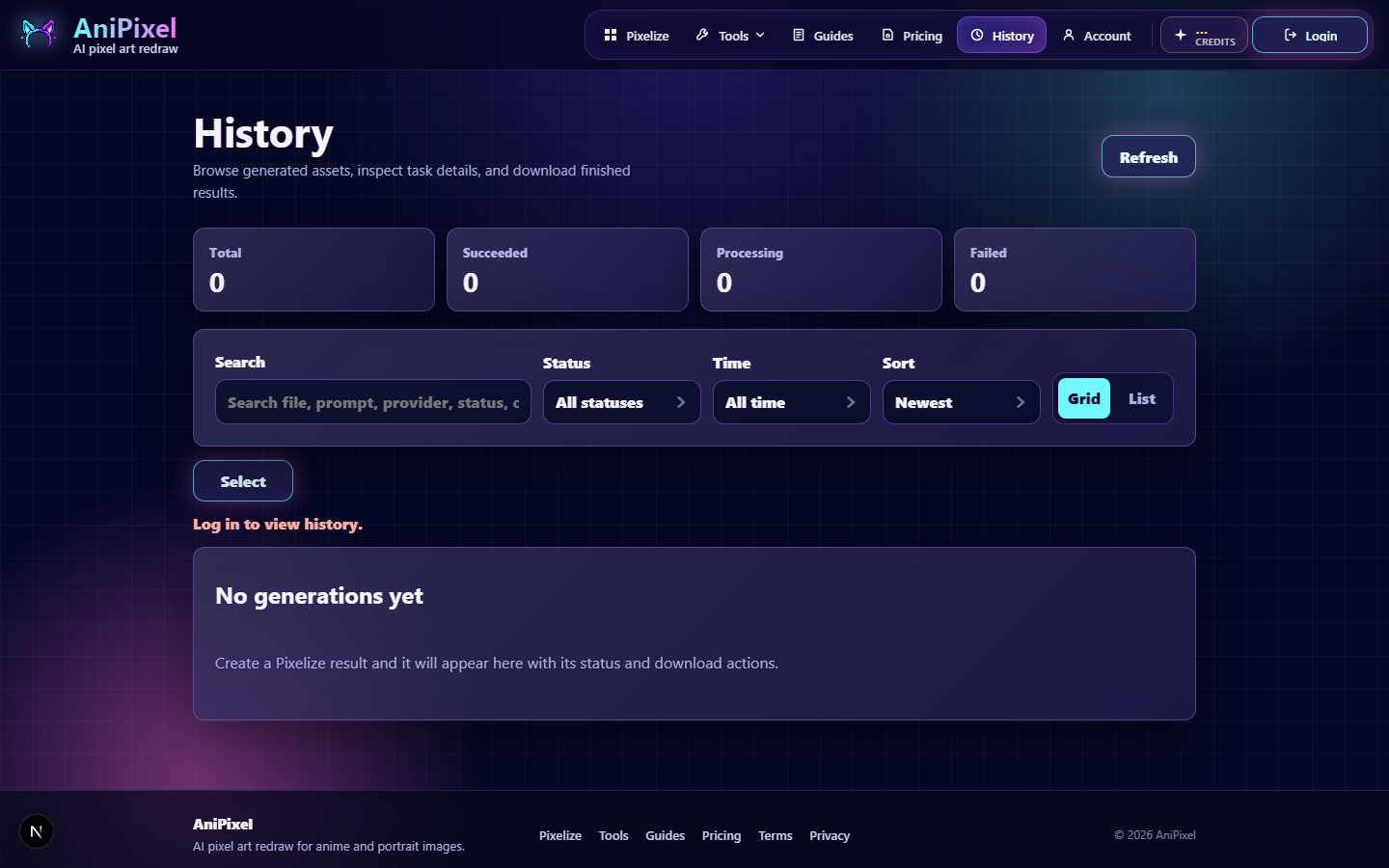 History page with job grid and filters