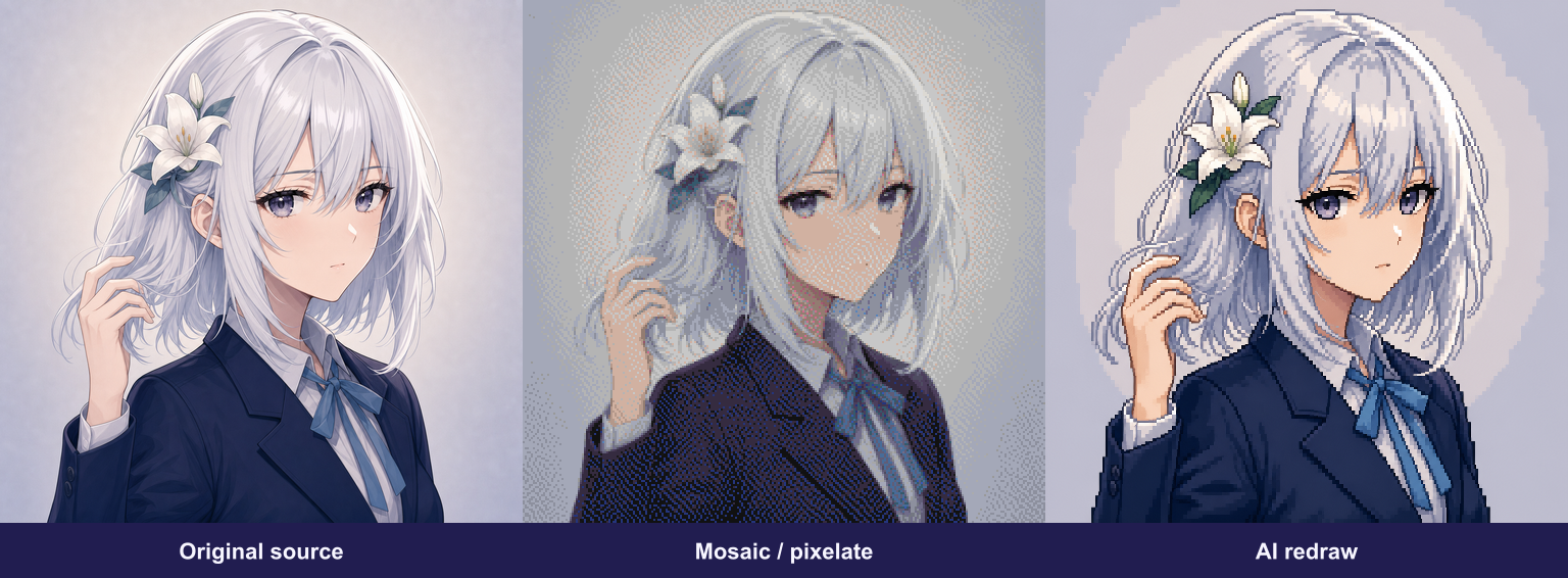Same mascot: original source, classic mosaic/pixelate downsample, and AniPixel AI redraw