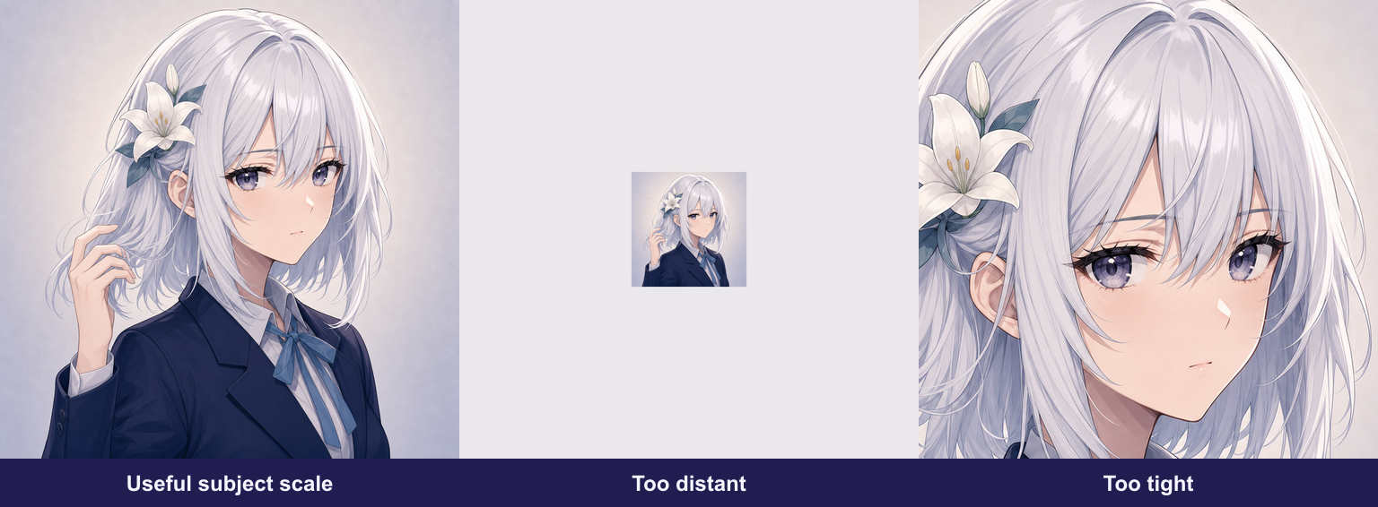The same source at a useful scale, too distant, and cropped too tightly