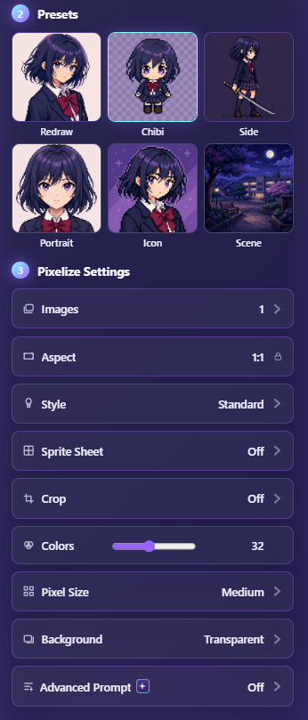 Chibi preset selected in Pixelize with Pixel Size visible