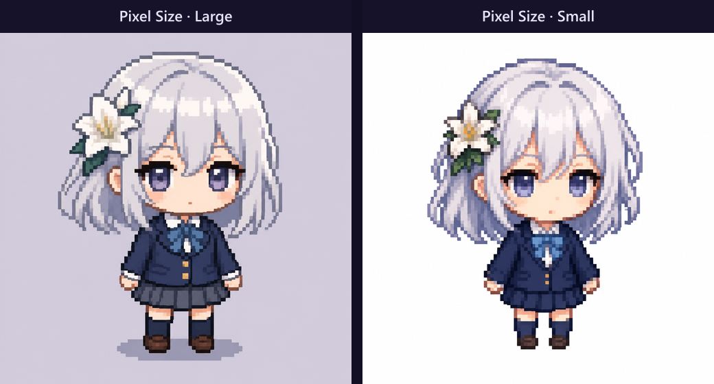 Side-by-side Chibi results at Large vs Small Pixel Size