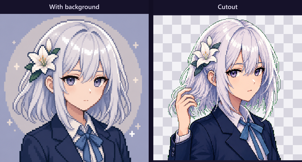 Pixel portrait with background next to a transparent cutout on a checkerboard