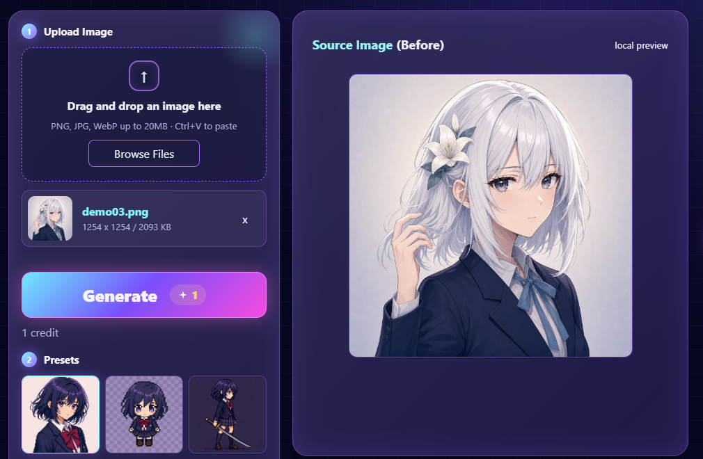 Pixelize workspace after uploading the white-haired AniPixel mascot