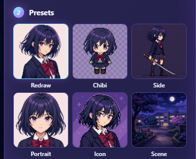 Pixelize preset selector with Redraw selected