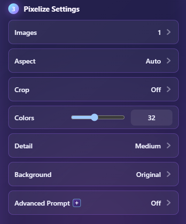 Pixelize default settings for a first Redraw generation