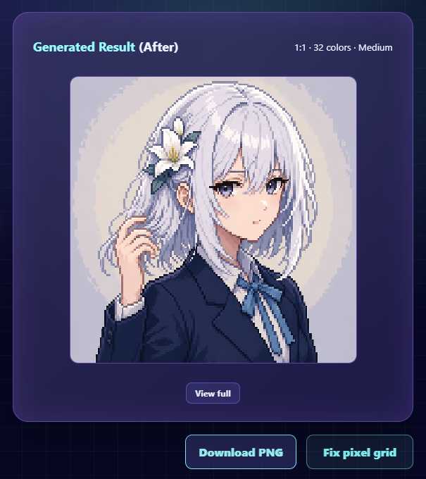 Actual Pixelize result with download and Fix Pixel Grid actions