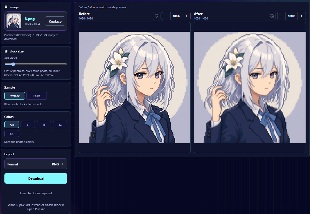 Pixelate tool with block size slider and before/after preview