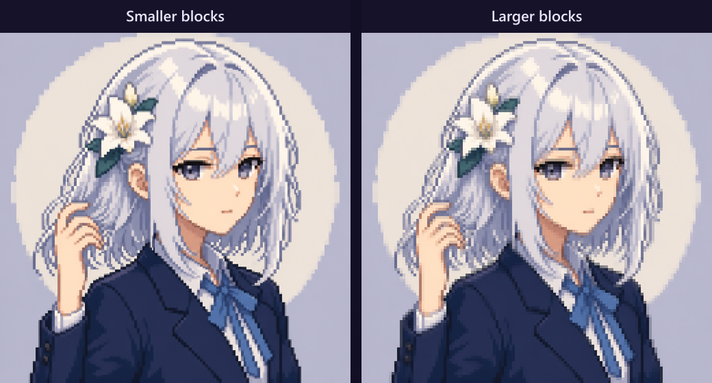 Same image at smaller vs larger Pixelate block sizes