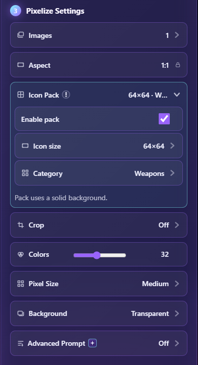 Icon Pack fold open on Pixelize with size 64 and a category selected