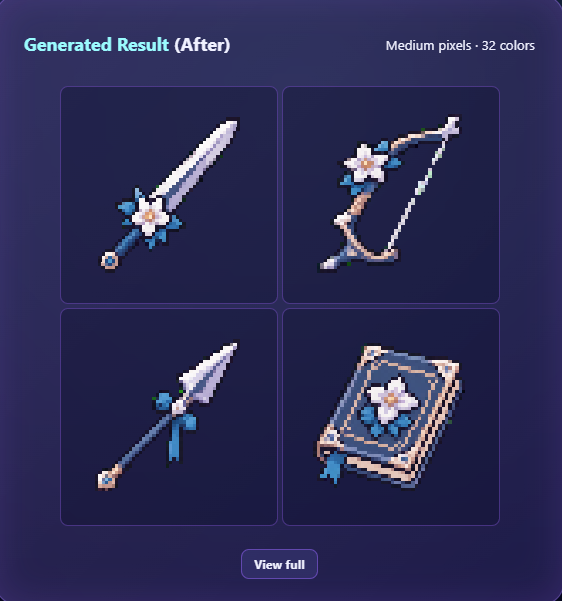 Icon Pack weapons sheet result used as game item icons
