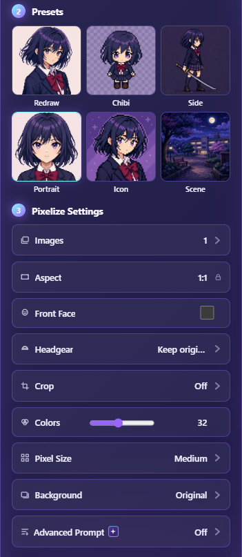 Portrait preset selected in Pixelize