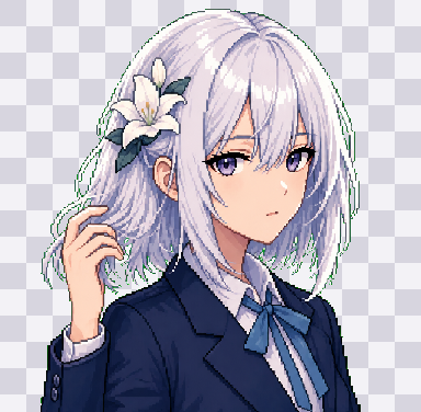 Sticker-style pixel character with transparency on a checkerboard