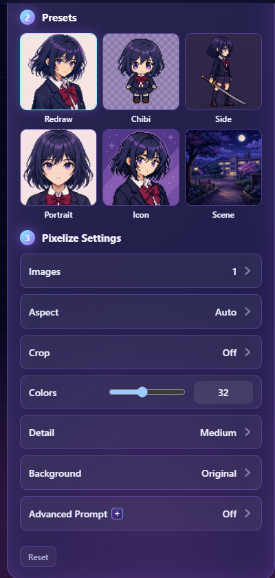 Pixelize presets and the complete default settings column