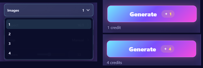 The Images selector and Generate cost for one or four Pixelize results