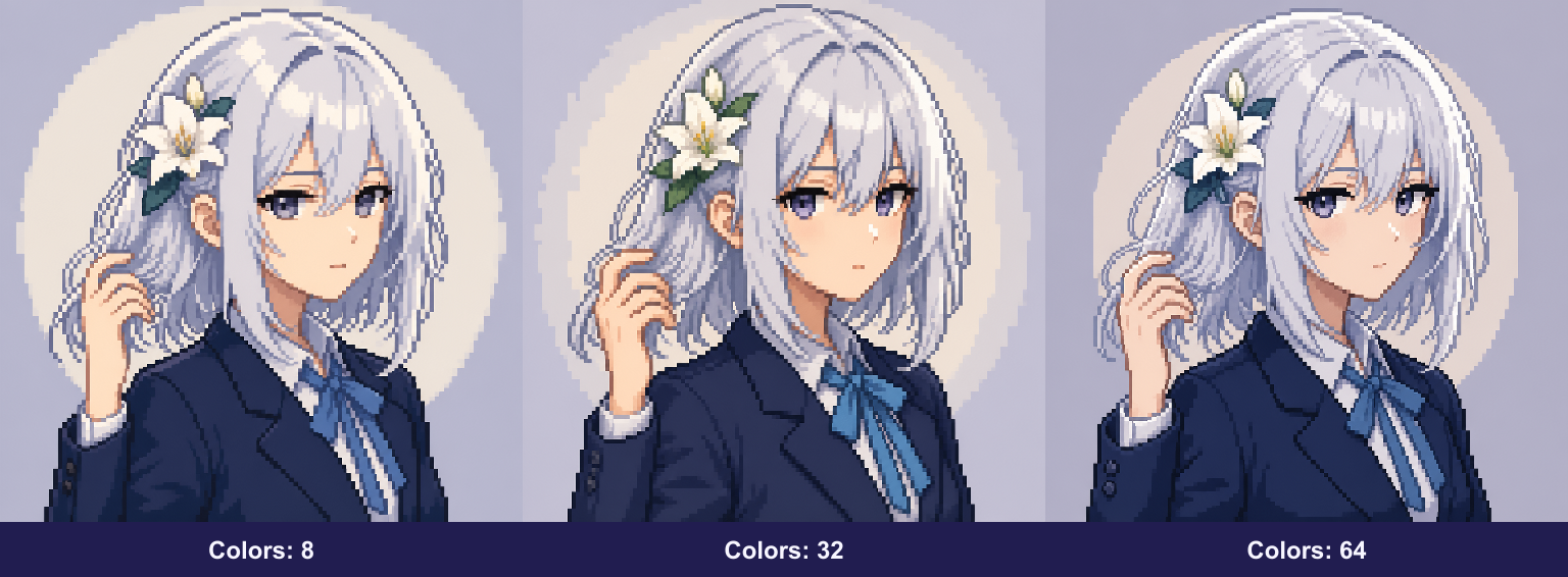 Actual Redraw results generated with Colors set to 8, 32, and 64