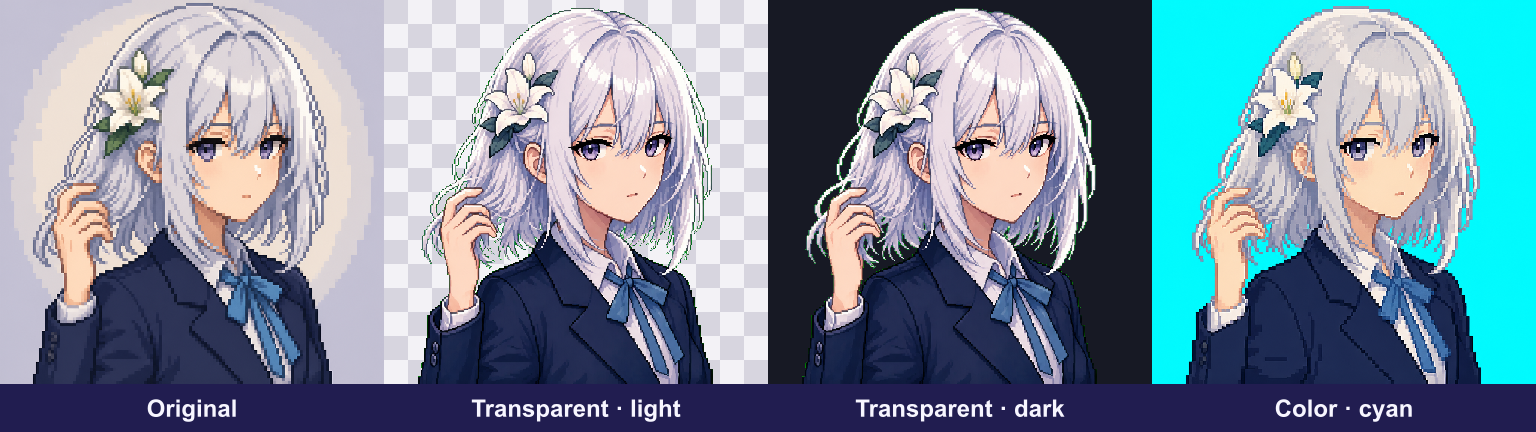Actual Original, Transparent, and cyan Color background results, with transparency checked on light and dark surfaces