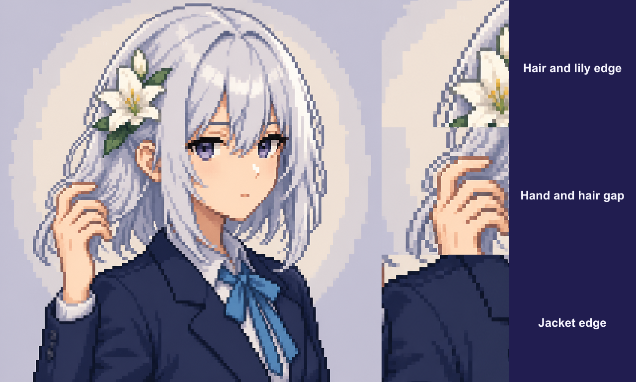 Actual Pixelize result with close checks of the lily, hand-to-hair gap, and jacket edge