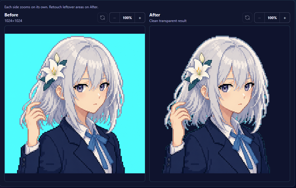 Remove Background comparing the cyan Pixelize result with the cleaned transparent cutout