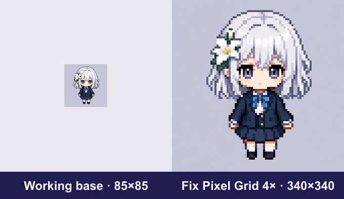 A native 85 by 85 chibi working base beside its actual 4× Fix Pixel Grid export at 340 by 340 pixels