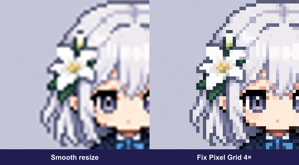 The same chibi edge enlarged smoothly and with the actual crisp Fix Pixel Grid 4× export