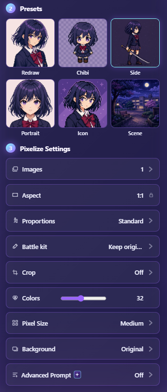 Side preset selected with a front-facing source uploaded