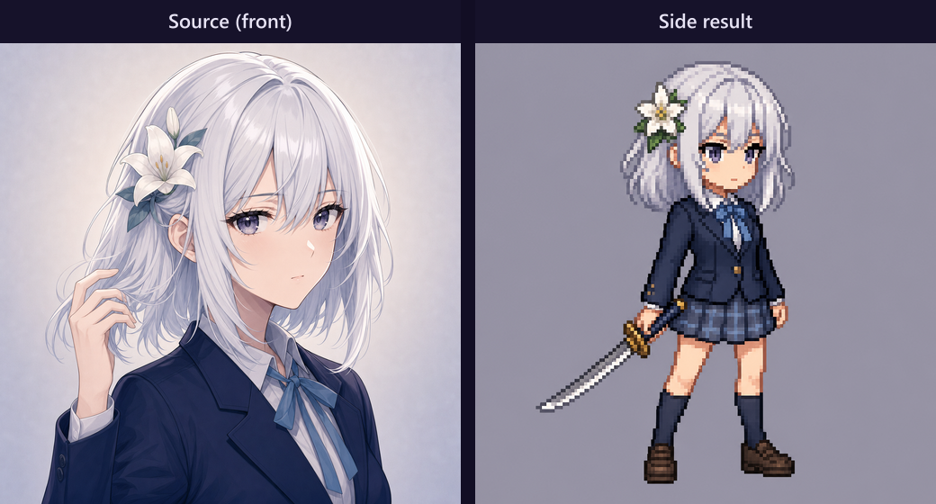 Front-facing source next to a Side preset pixel result